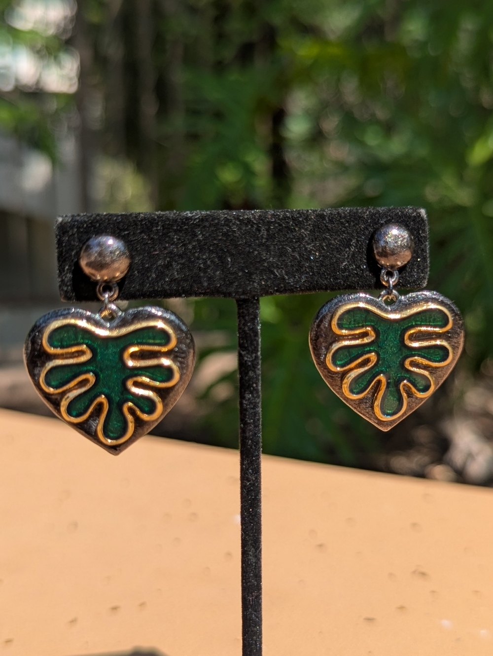 YVES SAINT LAURENT YSL 1988 Heart Gilt Black Green Enamel Leaf Drop Earrings LE